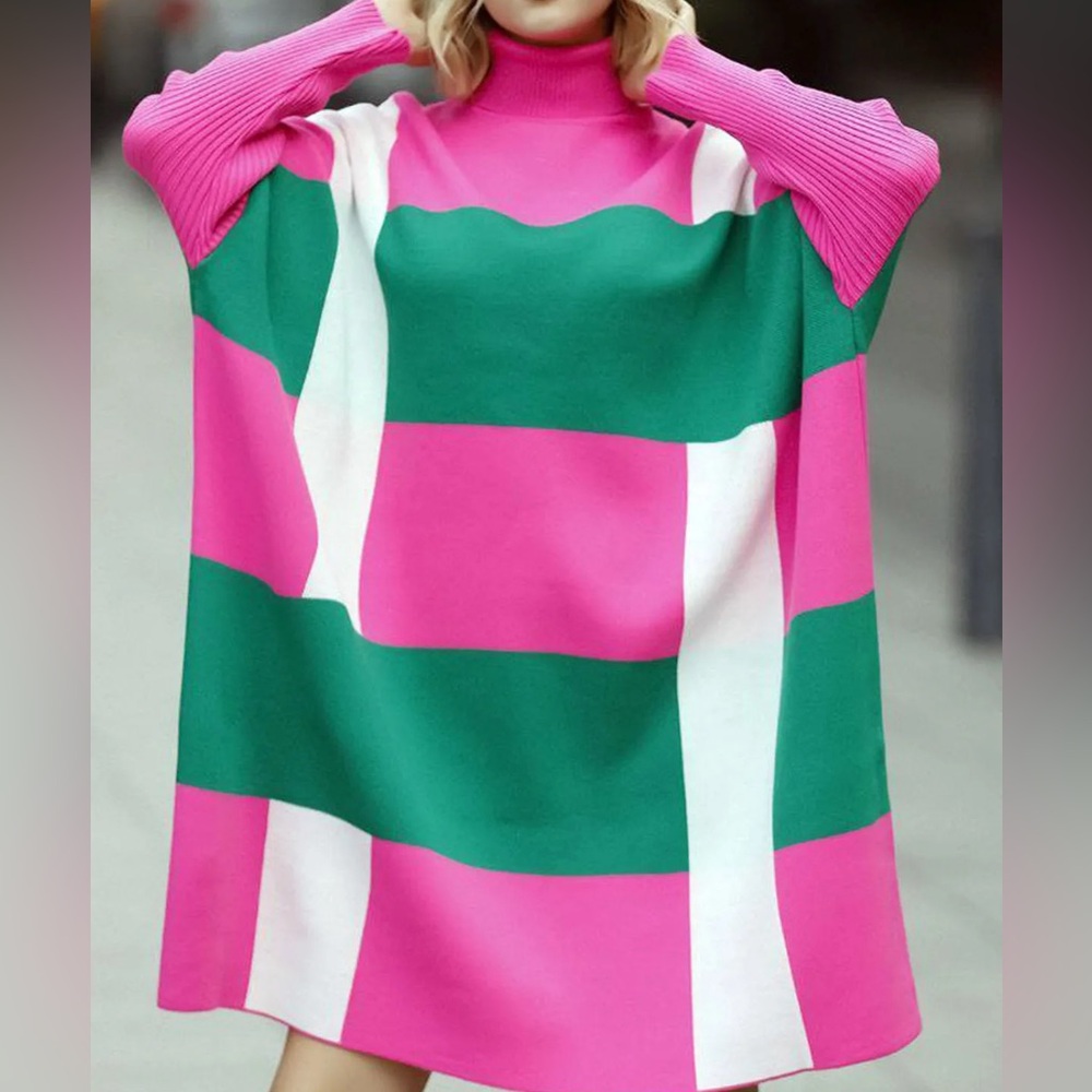USE PONCHO Anchor turtleneck long ribbed sleeve color block middle length.